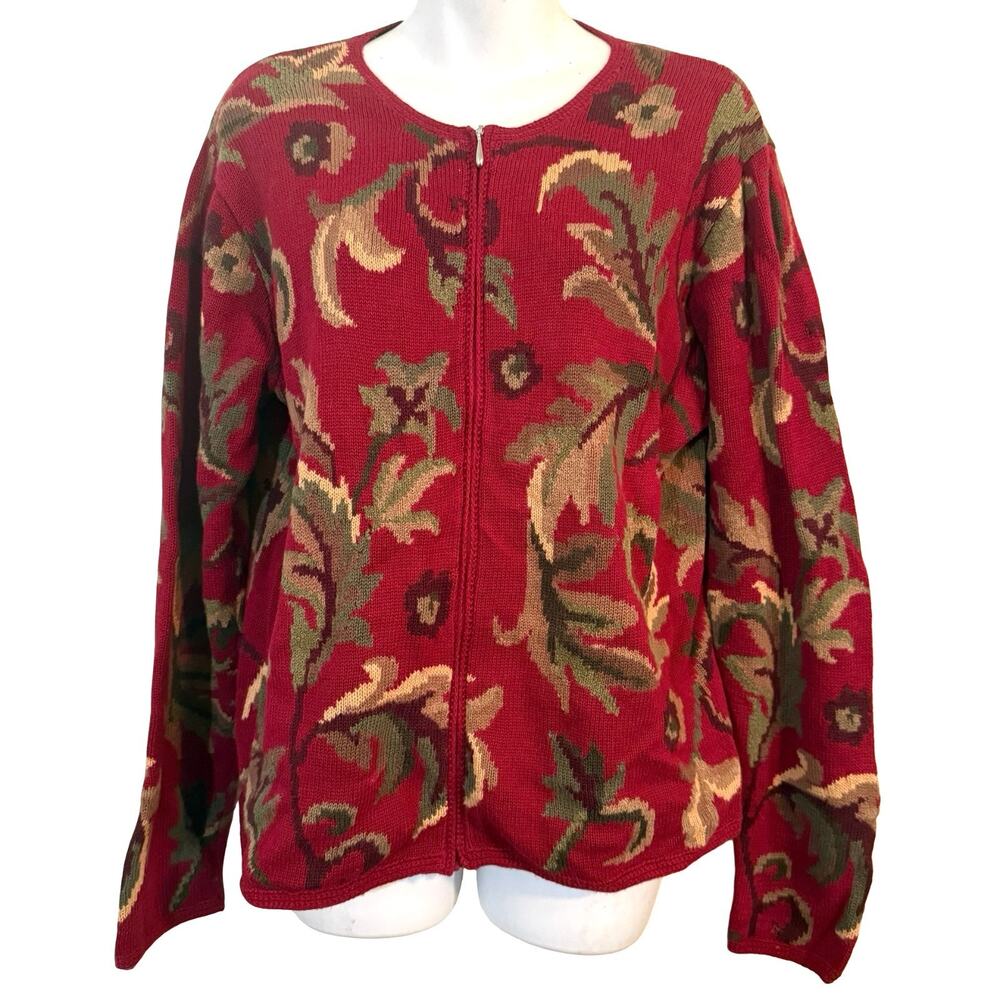 Talbots Red Leaf Design Cotton & Ramie Blend Zip Up Cardigan Sweater sz Large - Picture 15 of 16